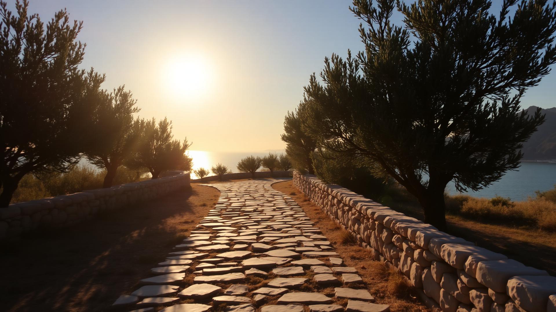 Stone pilgrimage path beside olive trees at golden hour